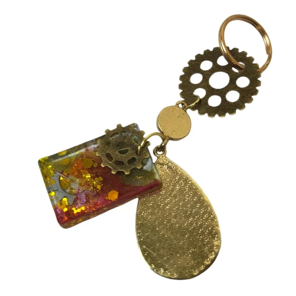 18K Gold Bronze Gears Resin Medallion Keychain
